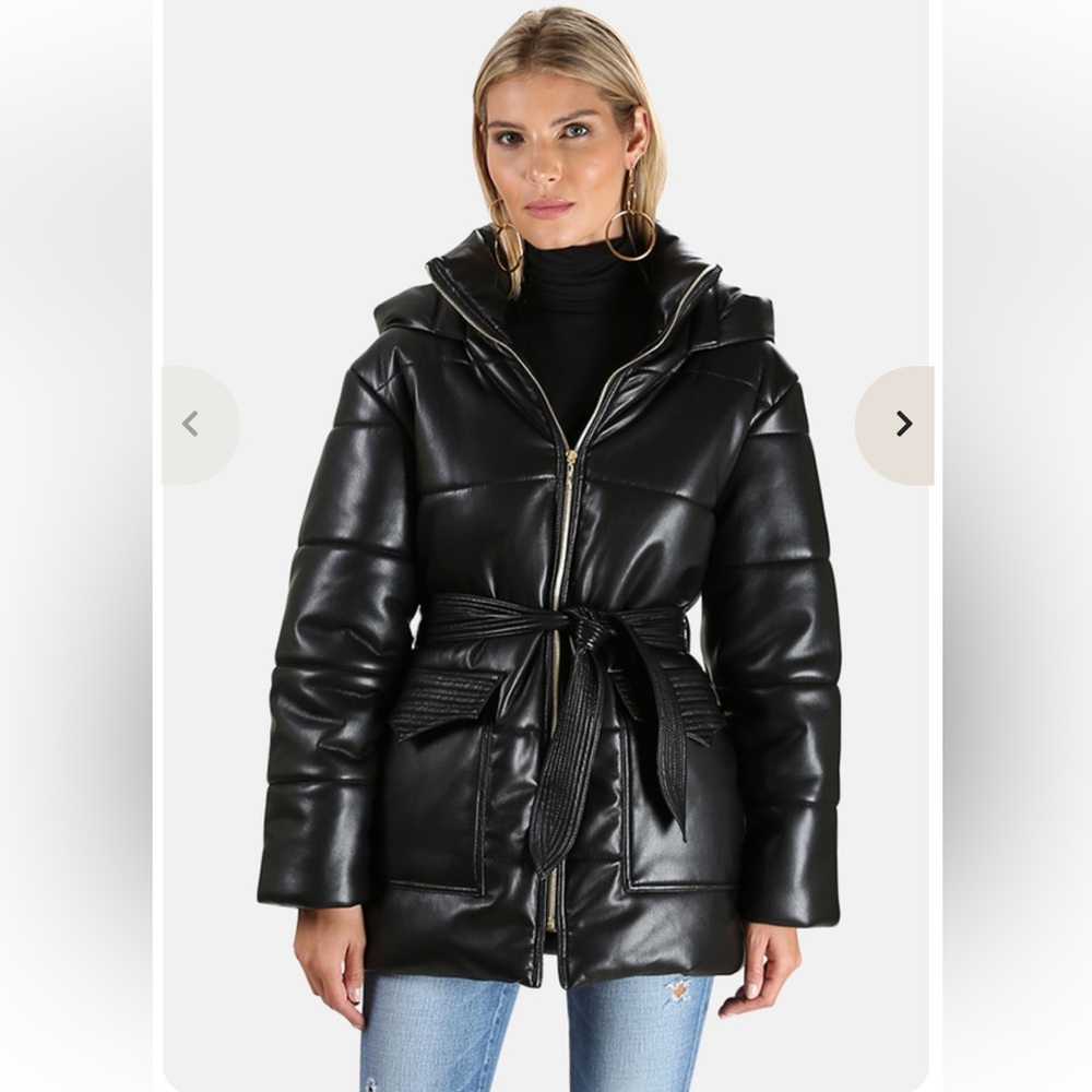 Nanushka Lenox Faux Leather Black Belted Puffer Jacket